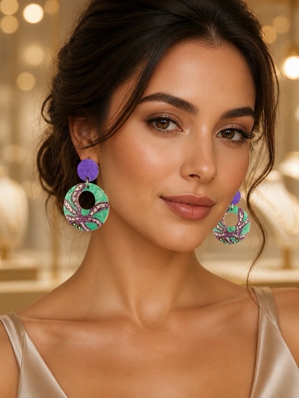 Chic Style Hand Painted Purple & Green Sea Inspired Drop Earrings -